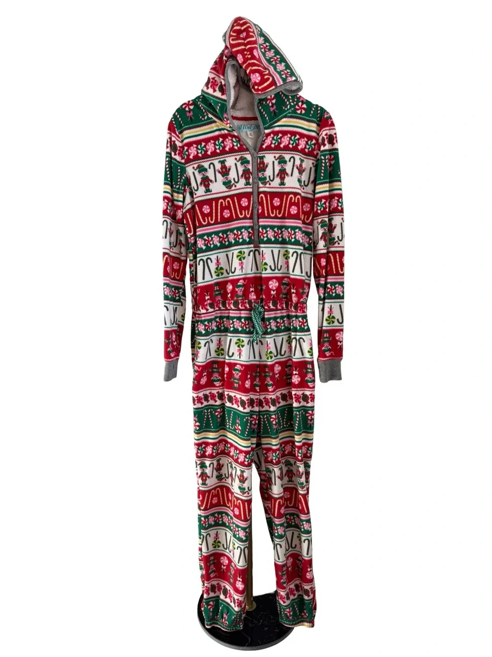 Christmas Hooded Fleece One Piece Pajamas Elf Candy Cane Medium